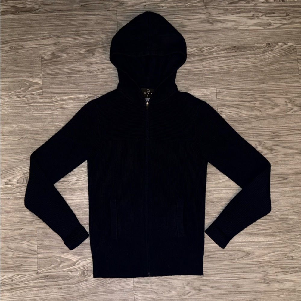 Aether Navy Blue Cashmere/Wool Full Zip Long Sleeve Hooded Sweater Womens Sz 1